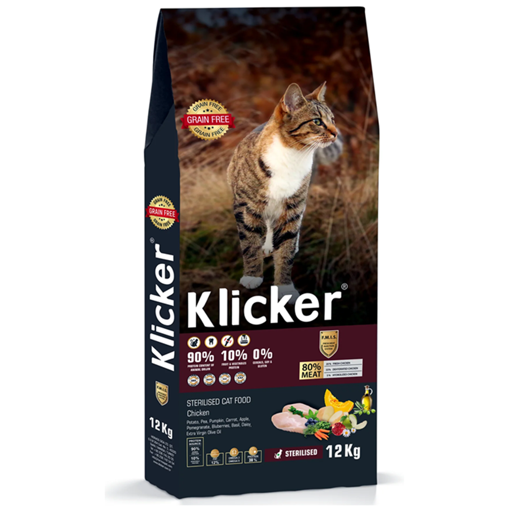 Klicker Sterilised Cat Food With Chicken Tavuklu Kısırlaştırılmış Kedi Maması 12 Kg