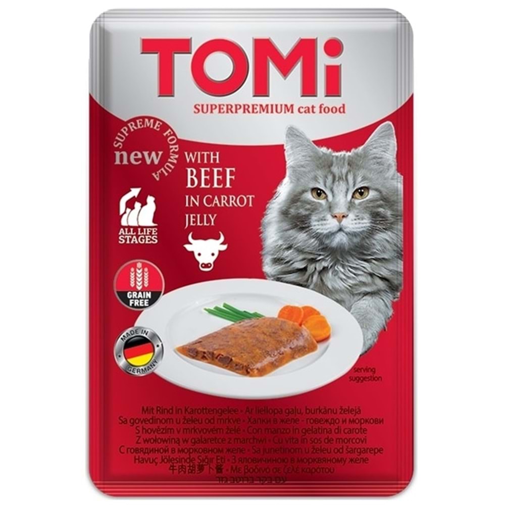 Tomi Pouch Grain Free With Beef In Carrot Jelly Dana Etli ve Havuçlu Pate Kedi Yaş Maması 100 Gr