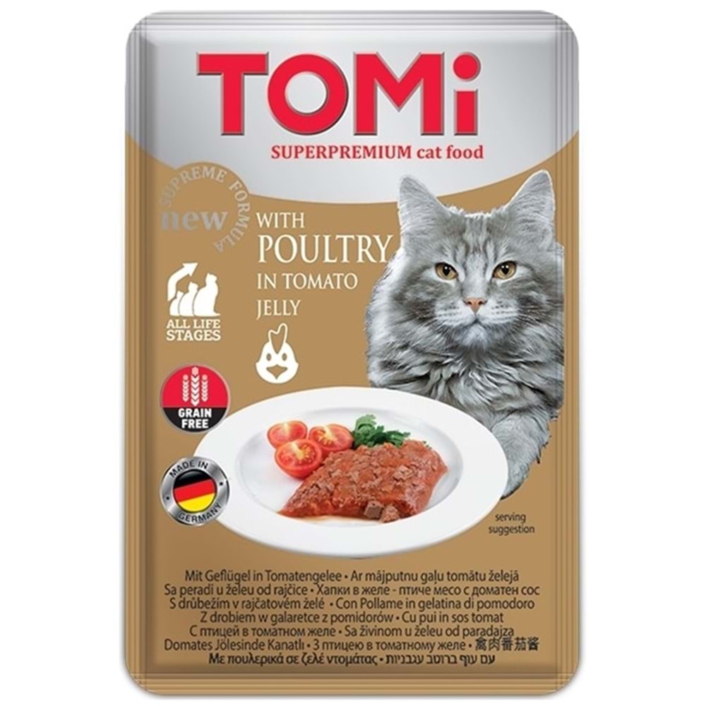 Tomi Pouch Grain Free With Poultry In Tomato Jelly Kümes Hayvanı ve Domatesli Pate Kedi Yaş Maması 100 Gr