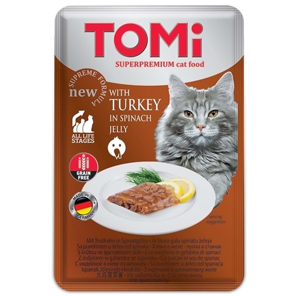 Tomi Pouch Grain Free With Turkey In Spinach Jelly Hindi ve Ispanak Tahılsız Pate Kedi Yaş Maması 100 Gr