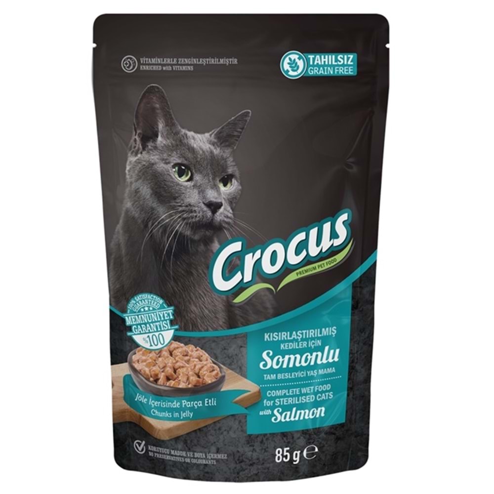Crocus Pouch Sterilised Salmon Somonlu Jöleli Tahılsız Kısırlaştırılmış Kedi Yaş Maması (85 Gr)