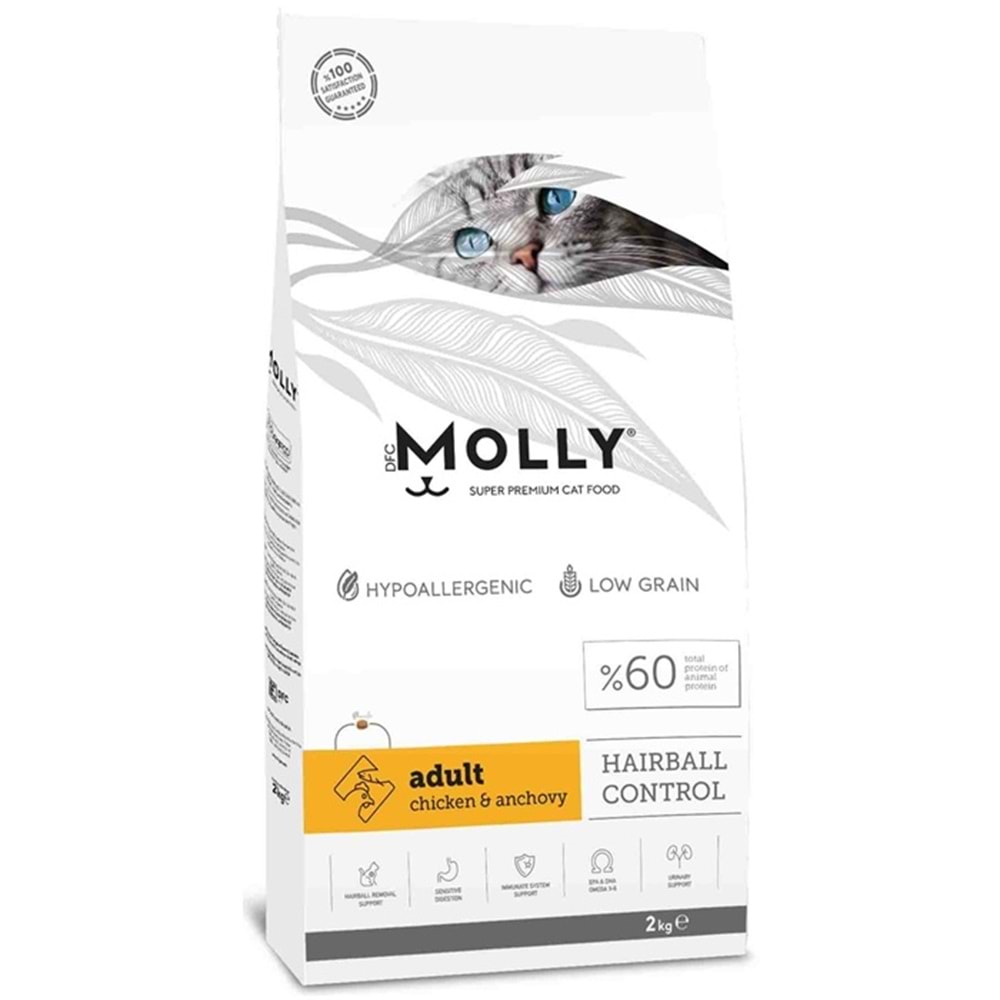 Molly Adult Chicken & Anchovy Hairball Control Tavuk Etli ve Hamsili Tahılsız Yetişkin Kedi Maması 2 Kg