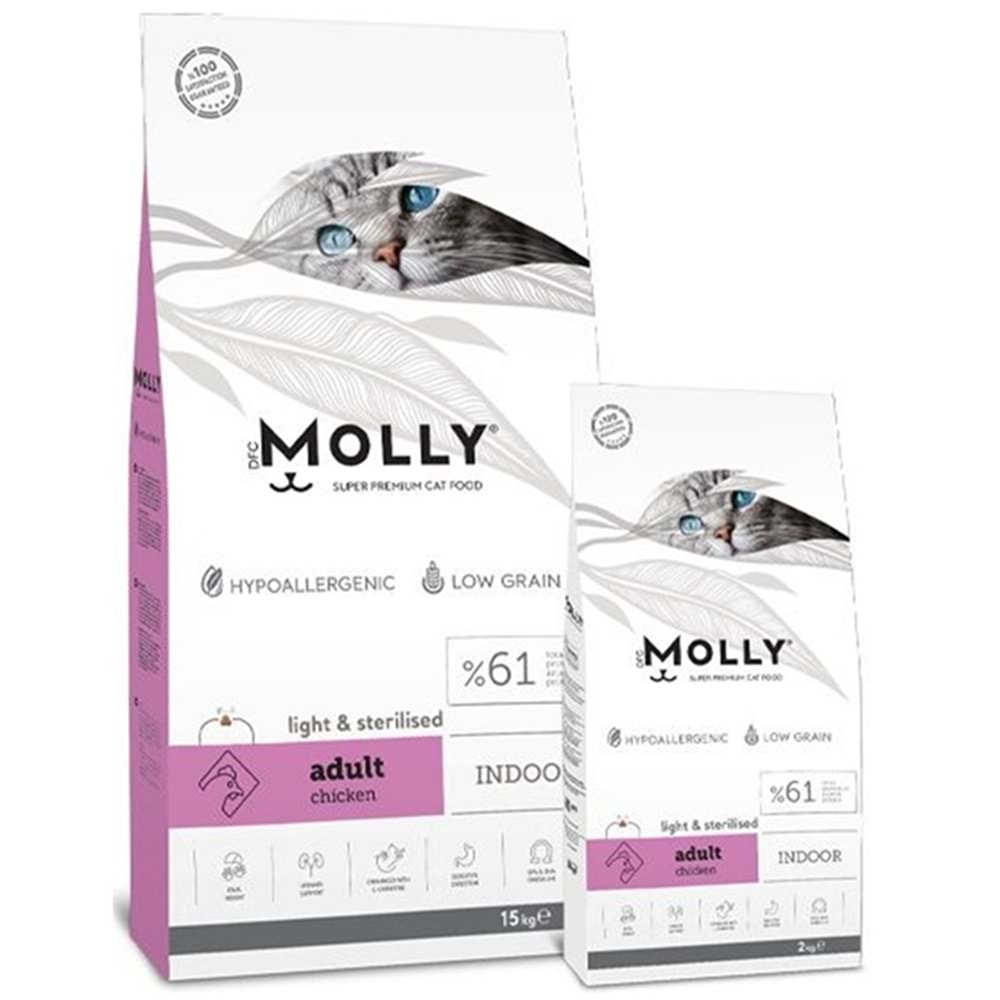 Molly Adult Indoor Light & Sterilised Chicken Tavuk Etli Kısırlaştırılmış Tahılsız Kedi Maması 2 Kg