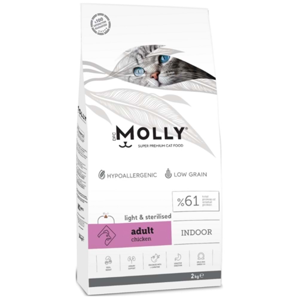 Molly Adult Indoor Light & Sterilised Chicken Tavuk Etli Kısırlaştırılmış Tahılsız Kedi Maması 2 Kg