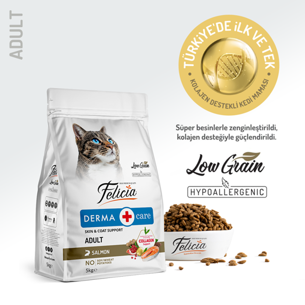 Felicia Adult Derma Care Kolajenli Somonlu Az Tahıllı Hypoallergenic Yetişkin Kedi Maması 5 Kg