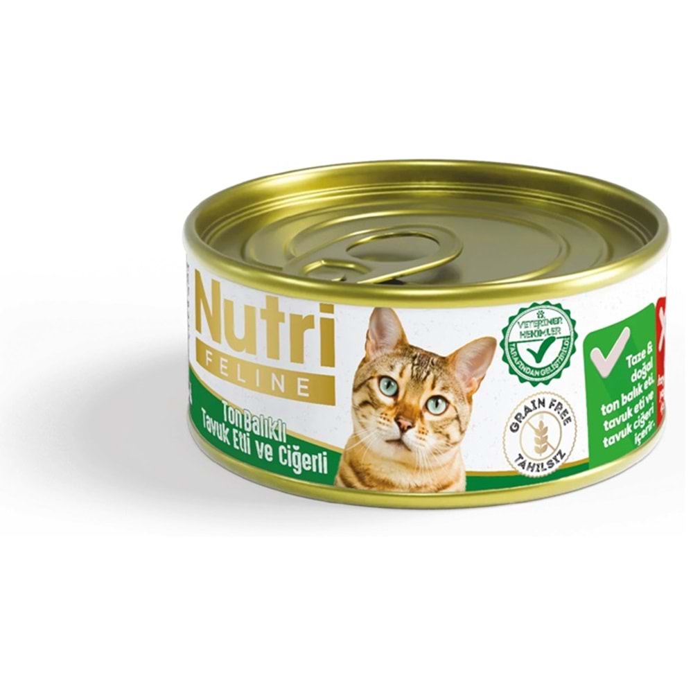 Nutri Feline Tahılsız Pate Ton Balıklı, Tavuk Etli ve Ciğerli Yetişkin Kedi Konservesi 85 Gr