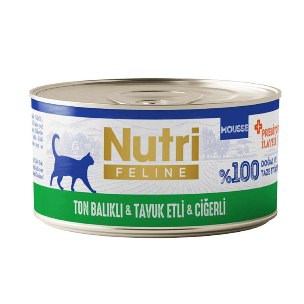 Nutri Feline Tahılsız Mousse Ton Balıklı, Tavuk Etli ve Ciğerli Yetişkin Kedi Konservesi 70 Gr