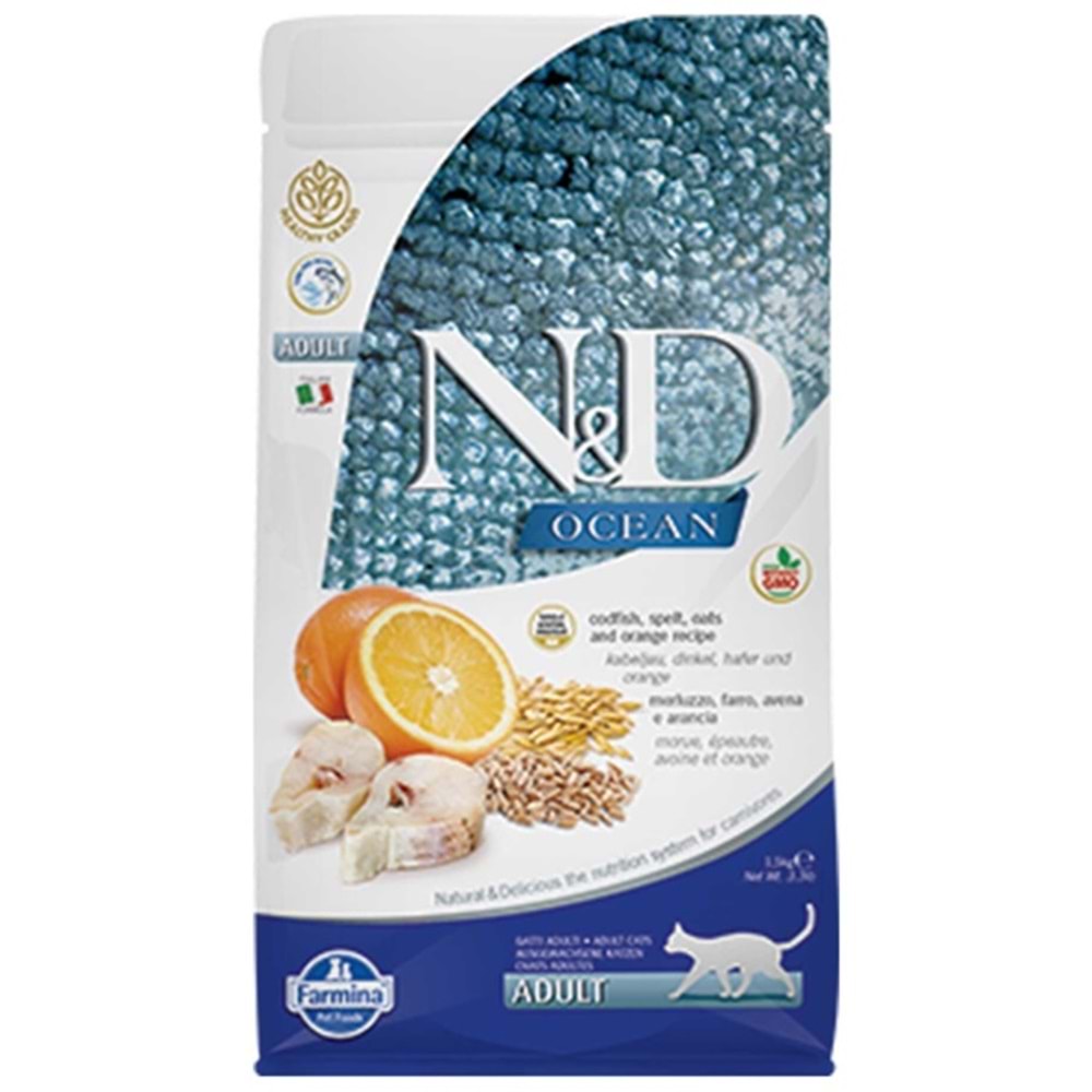 N&D Ocean Düşük Tahıllı Morina Balığı ve Portakallı Yetişkin Kedi Maması 1,5 Kg