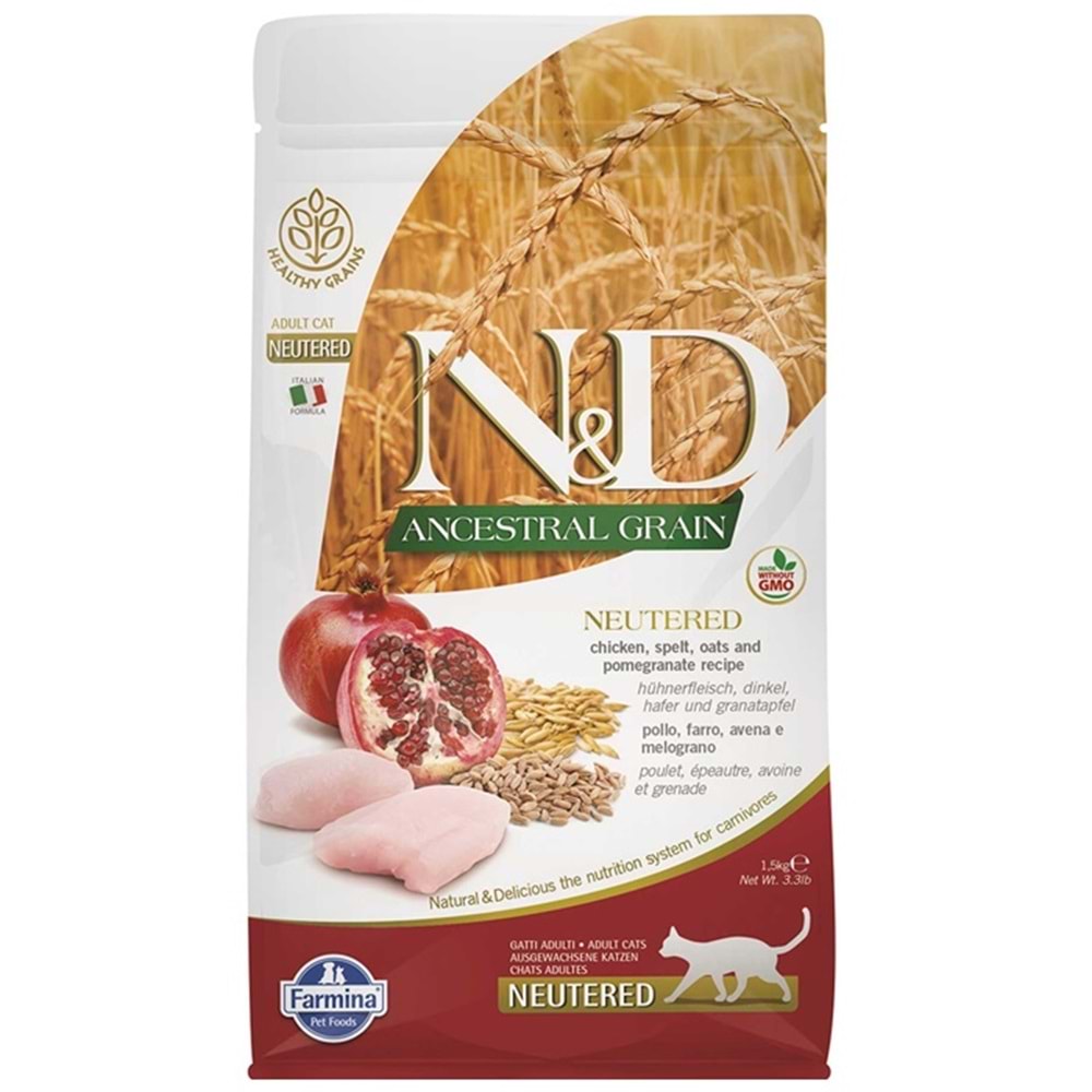 N&D Ancestral Grain Düşük Tahıllı Tavuk ve Narlı Kısırlaştırılmış Kedi Maması 1,5 Kg