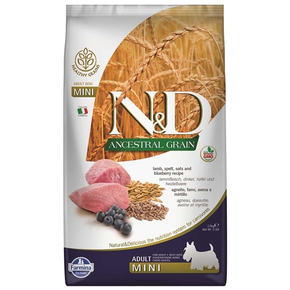 N&D Ancestral Grain Adult Mini Düşük Tahıllı Kuzu Etli ve Yaban Mersinli Küçük Irk Yetişkin Köpek Maması 2,5 Kg