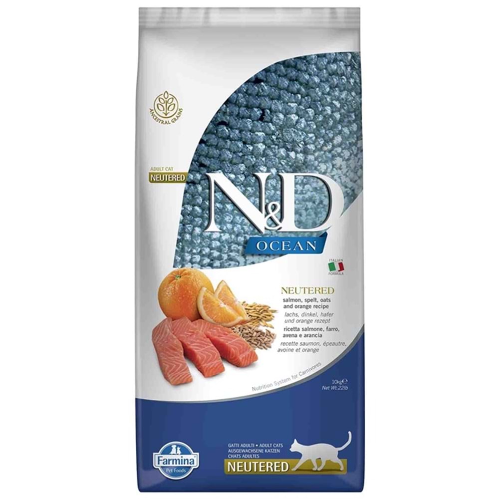 N&D Ocean Düşük Tahıllı Somon ve Portakallı Kısırlaştırılmış Kedi Maması 10 Kg