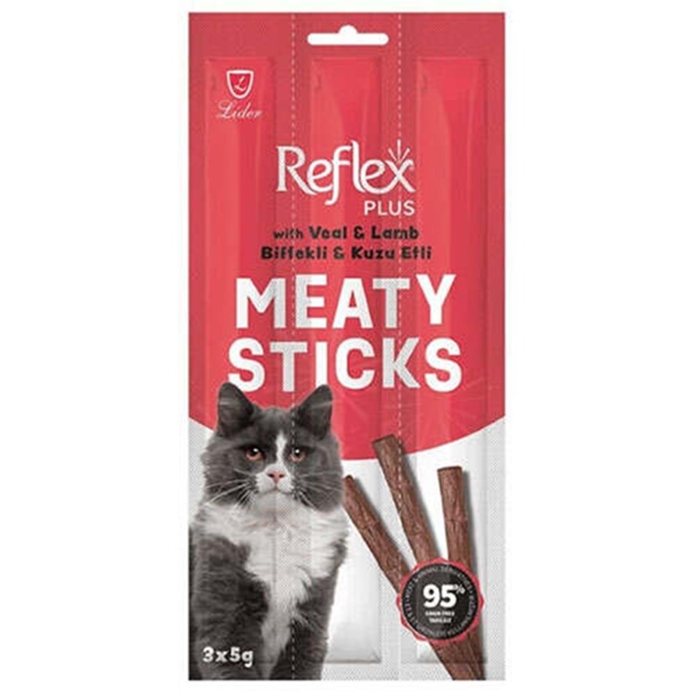 Reflex Plus Cat Meaty Sticks With Veal & Lamb Biftekli ve Kuzu Etli Tahılsız Yetişkin Kedi Ödülü 3x5 Gr