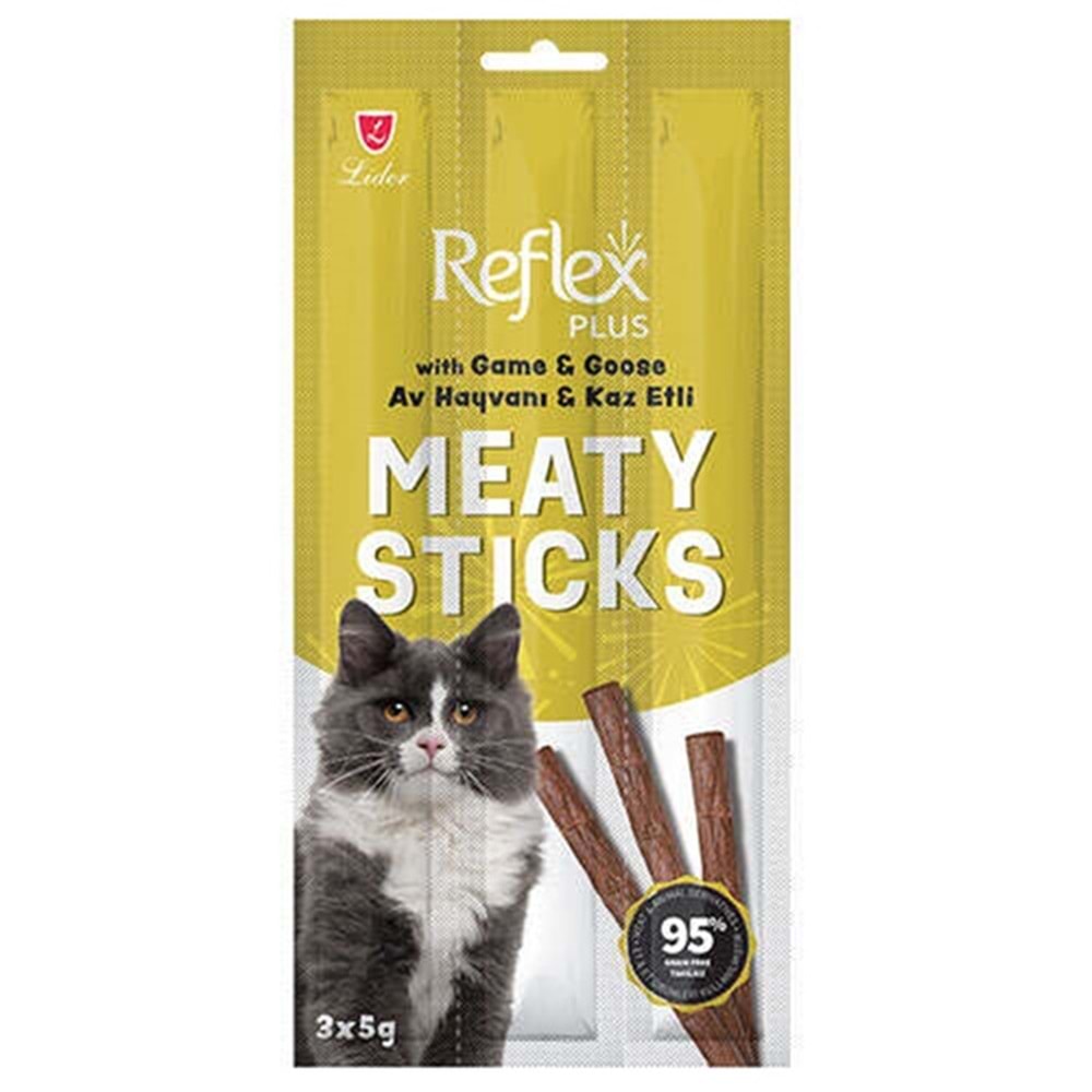 Reflex Plus Cat Meaty Sticks With Game & Goose Av Hayvanı ve Kaz Etli Tahılsız Yetişkin Kedi Ödülü (3x5 Gr)