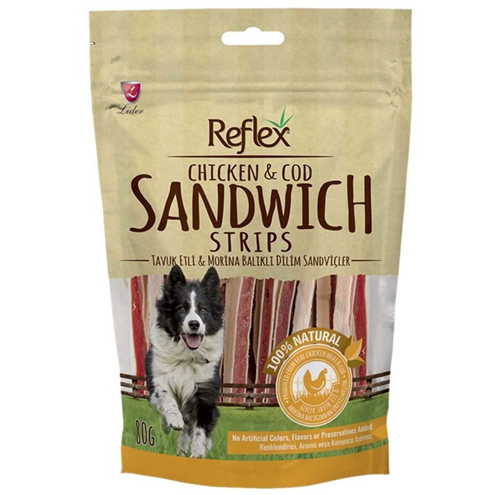 Reflex Chicken & Cod Sandwich Strips Kurutulmuş Tavuk Etli ve Morina Balıklı Lokma Sandviç Köpek Ödülü 80 Gr