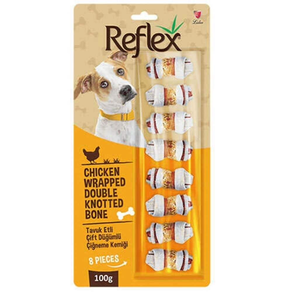 Reflex Chicken Wrapped Double Knotted Bone Tavuk Etli Çift Düğümlü Çiğneme Kemiği 100 Gr - 8 Adet