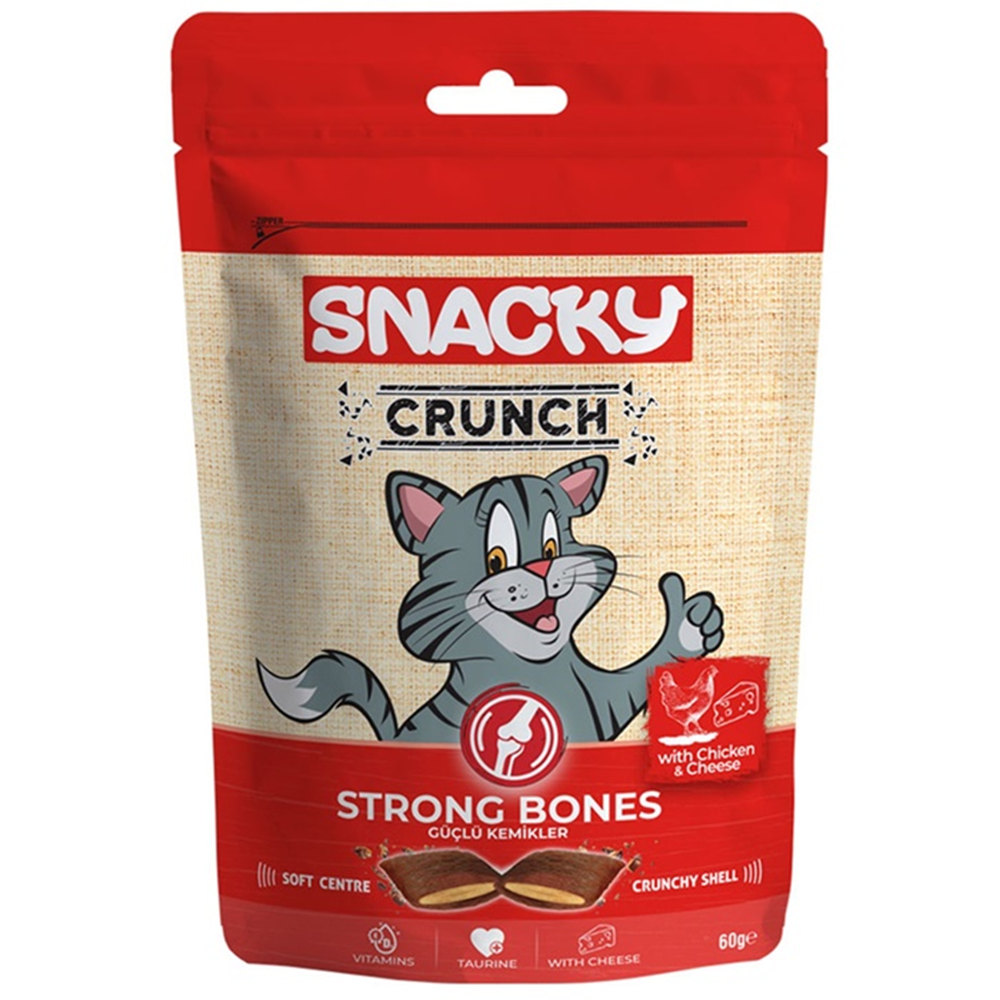 Snacky Cat Crunch With Chicken & Cheese Strong Bones Tavuk ve Peynirli Kedi Ödülü 60 Gr