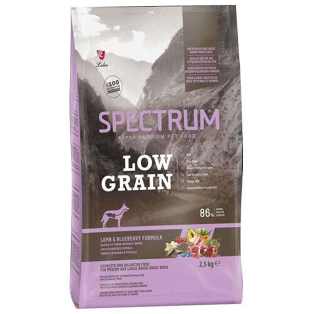 Spectrum Adult Low Grain Lamb & Blueberry Formula Kuzu Etli ve Yaban Mersinli Az Tahıllı Orta ve Büyük Irk Yetişkin Köpek Maması 2,5 Kg