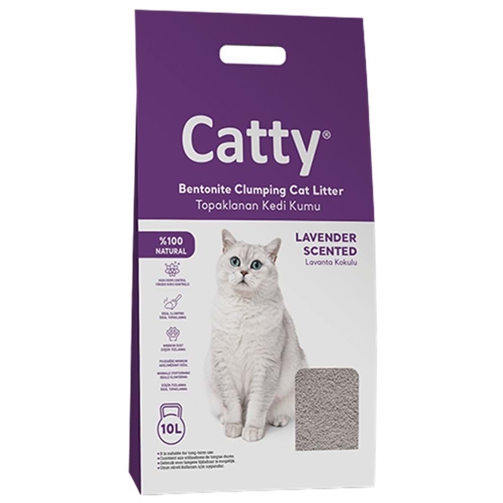 Catty Bentonit Lavander Scented Lavanta Kokulu Topaklanan İnce Taneli Kedi Kumu 10 Lt