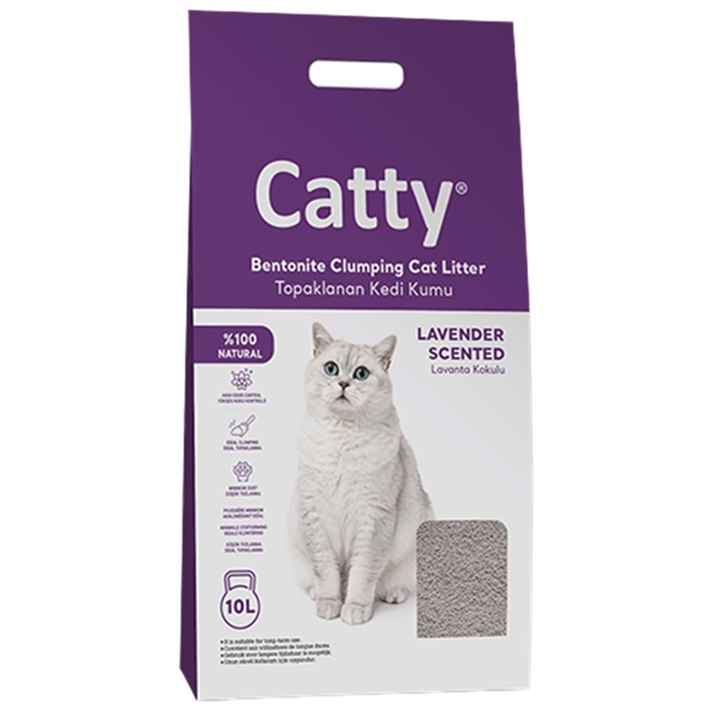 Catty Bentonit Lavander Scented Lavanta Kokulu Topaklanan İnce Taneli Kedi Kumu 10 Lt