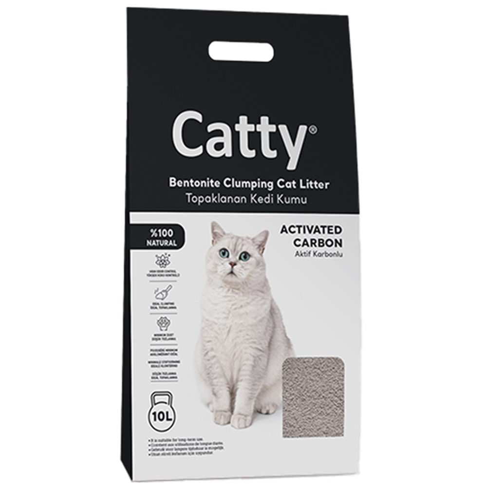 Catty Bentonit Activated Carbon Aktif Karbonlu Topaklanan İnce Taneli Kedi Kumu 10 Lt