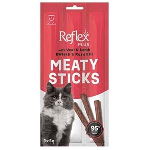 Reflex Plus Cat Meaty Sticks With Veal & Lamb Biftekli ve Kuzu Etli Tahılsız Yetişkin Kedi Ödülü (3x5 Gr)
