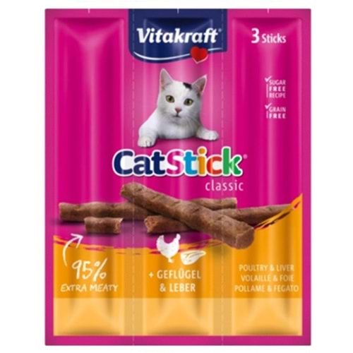 Vitakraft Cat Stick Kümes Hayvanlı ve Ciğerli Kedi Ödülü (3x18 Gr)