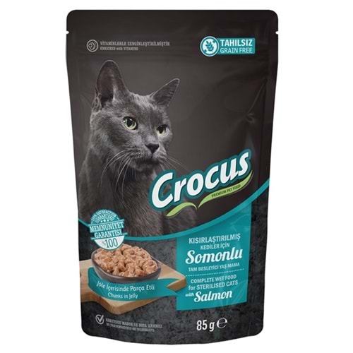 Crocus Pouch Sterilised Salmon Somonlu Jöleli Tahılsız Kısırlaştırılmış Kedi Yaş Maması (85 Gr)