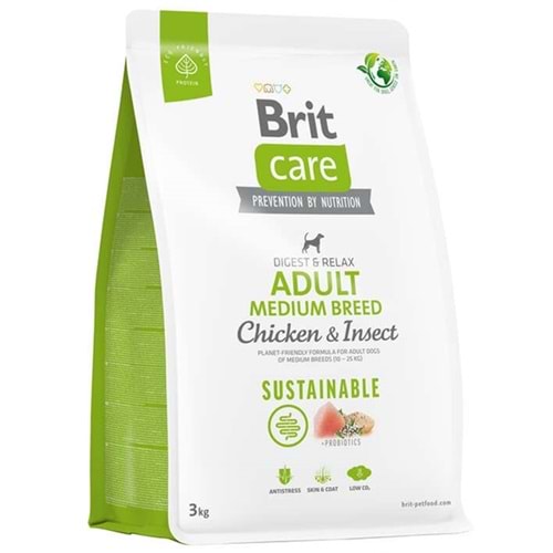 Brit Care Sustainable Adult Medium Breed Chicken Insect Tavuk ve Larvalı Orta Irk Yetişkin Köpek Maması (3 Kg)