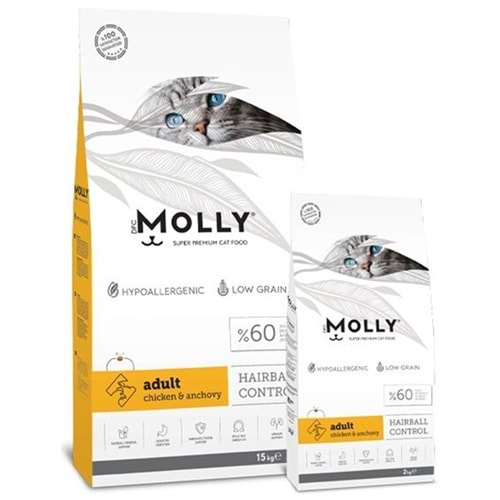 Molly Adult Chicken & Anchovy Hairball Control Tavuk Etli ve Hamsili Tahılsız Yetişkin Kedi Maması 2 Kg