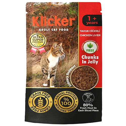 Klicker Pouch Adult Chicken Liver Tavuklu ve Ciğerli Tahılsız Yetişkin Kedi Yaş Maması 85 Gr