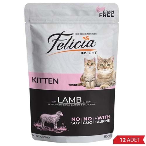 Felicia Pouch Kitten With Lamb In Jelly Tahılsız Jöle İçinde Kuzu Etli Yavru Kedi Yaş Maması 12x85 Gr