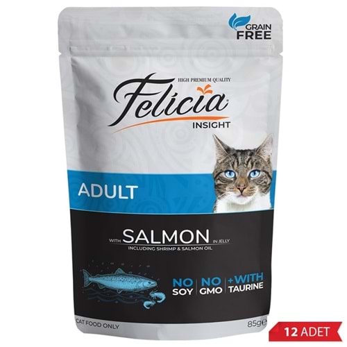 Felicia Pouch Adult With Salmon In Jelly Tahılsız Jöle İçinde Somon Balıklı Yetişkin Kedi Yaş Maması 12x85 Gr