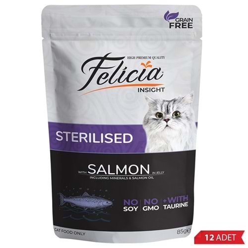 Felicia Pouch Sterilised With Salmon In Jelly Tahılsız Jöle İçinde Somon Balıklı Kısırlaştırılmış Kedi Yaş Maması 12x85 Gr