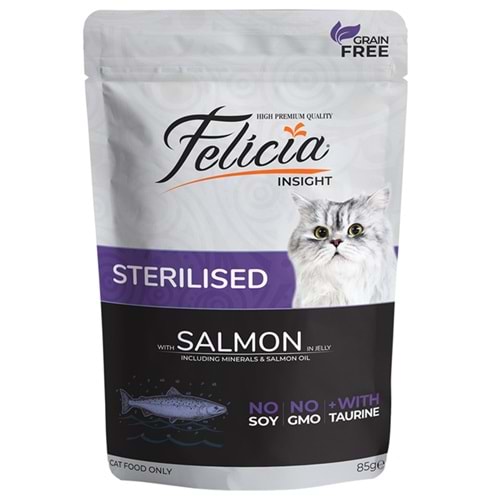 Felicia Pouch Sterilised With Salmon In Jelly Tahılsız Jöle İçinde Somon Balıklı Kısırlaştırılmış Kedi Yaş Maması (85 Gr)