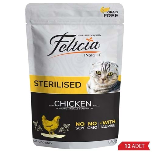 Felicia Pouch Sterilised With Chicken In Jelly Tahılsız Jöle İçinde Tavuk Etli Kısırlaştırılmış Kedi Yaş Maması 12x85 Gr