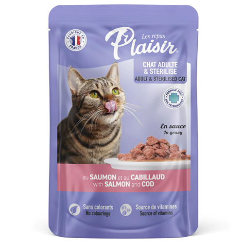 Plaisir Pouch Strelilised Salmon And Cod Somon ve Morina Balıklı Yetişkin Kısırlaştırılmış Kedi Yaş Maması 100 Gr