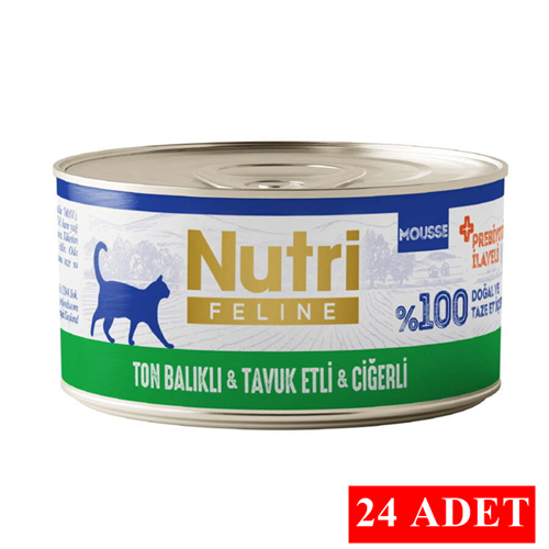 Nutri Feline Tahılsız Mousse Ton Balıklı, Tavuk Etli ve Ciğerli Yetişkin Kedi Konservesi 24x70 Gr
