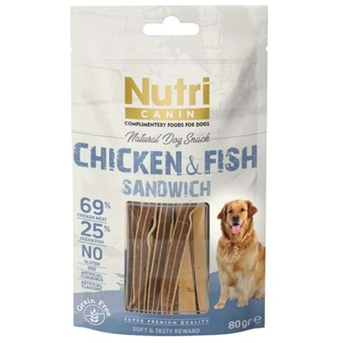 Nutri Canin Snack Chicken & Fish Sandwich Tahılsız Tavuklu ve Balıklı Köpek Ödülü 80 Gr