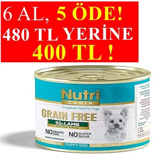 Nutri Canin Puppy Grain Free Lamb Kuzu Etli Tahılsız Yavru Köpek Konservesi (6x200 Gr)