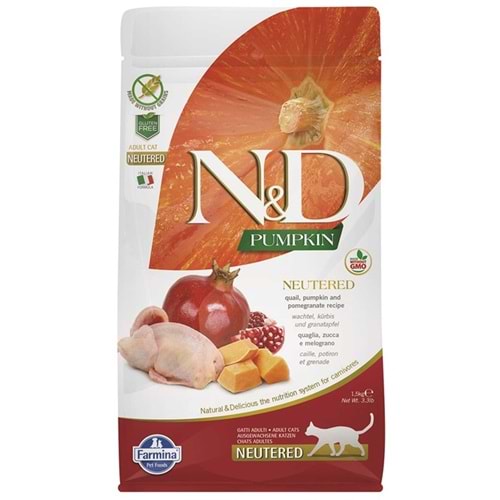 N&D Pumpkin Tahılsız Bıldırcın, Balkabağı ve Narlı Kısırlaştırılmış Kedi Maması 1,5 Kg