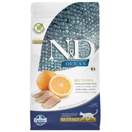 N&D Ocean Tahılsız Ringa Balıklı ve Portakallı Kısırlaştırılmış Kedi Maması 1,5 Kg