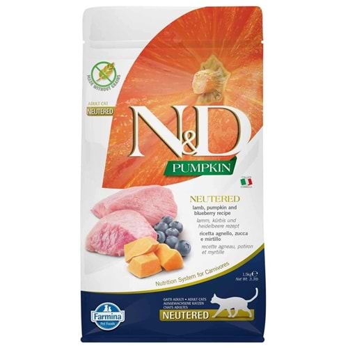 N&D Pumpkin Tahılsız Kuzu Eti Balkabağı ve Yaban Mersinli Kısırlaştırılmış Kedi Maması 1,5 Kg