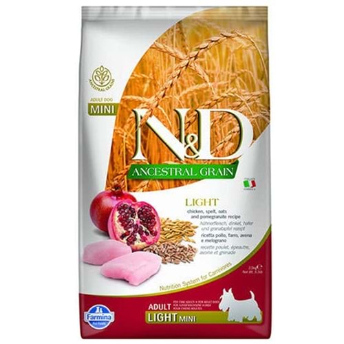 N&D Ancestral Grain Light Mini Ata Tahıllı Tavuk Etli ve Narlı Küçük Irk Yetişkin Köpek Maması 2,5 Kg