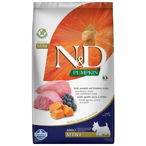 N&D Pumpkin Adult Mini Tahılsız Kuzu Etli, Balkabaklı ve Yaban Mersinli Küçük Irk Yetişkin Köpek Maması 2,5 Kg