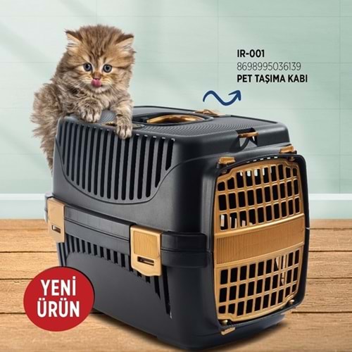 Irak Plastik Evcil Hayvan Taşıma Kabı - 32,5x48x31 Cm - Siyah/Altın
