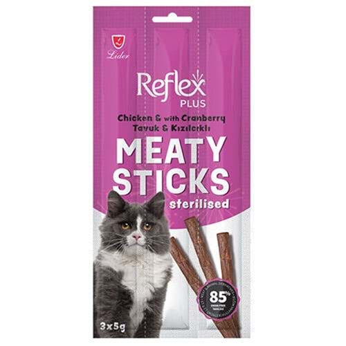 Reflex Plus Cat Meaty Sticks Sterilised With Chicken & Cranberry Tavuk ve Kızılcıklı Kısır Tahılsız Kedi Ödülü 3x5 Gr