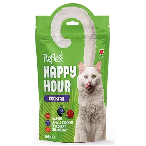 Happy Hour Cooktail Salmon & Lamb & Chicken & Blueberry & Cranberry Somonlu, Kuzu, Tavuk, Yaban Mersini ve Kızılcıklı Tüm Destekleyici Faydalar Bir Arada Kedi Ödül Maması 60 Gr