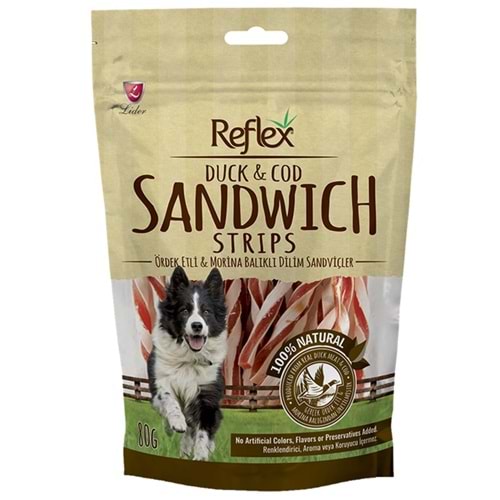 Reflex Duck & Cod Sandwich Strips Kurutulmuş Ördek Etli ve Morina Balıklı Dilimli Sandviç Köpek Ödülü 80 Gr