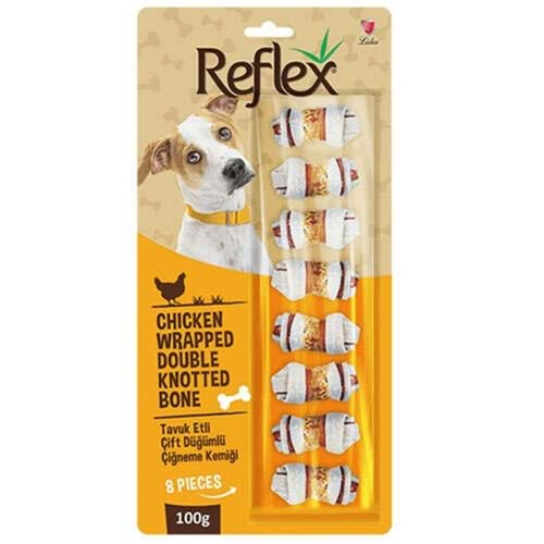 Reflex Chicken Wrapped Double Knotted Bone Tavuk Etli Çift Düğümlü Çiğneme Kemiği 100 Gr - 8 Adet