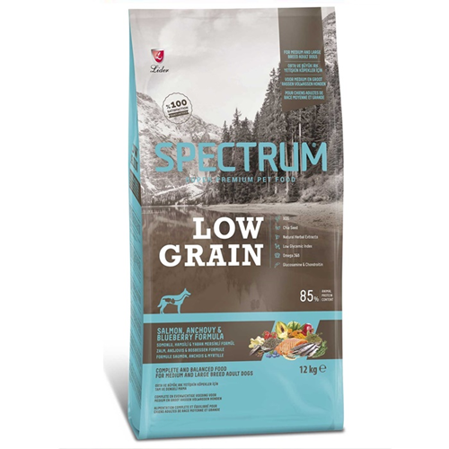 Spectrum Low Grain Salmon, Anchovy Blueberry Formula Somon, Hamsi ve Yaban Mersinli Az Tahıllı Orta ve Büyük Irk Yetişkin Köpek Maması 12 Kg
